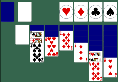 A green background with large cards showing the Klondike (1 Card) Solitaire tableau with an empty column.