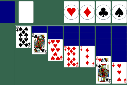 A green background with large cards showing Klondike (1 Card) Solitaire tableau. The tableau is marked with an outline.